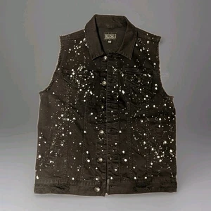 XXX Rude Black Denim Paint Splatter Distressed Vest Y2K Punk Rock Alt Metal  - Picture 1 of 12