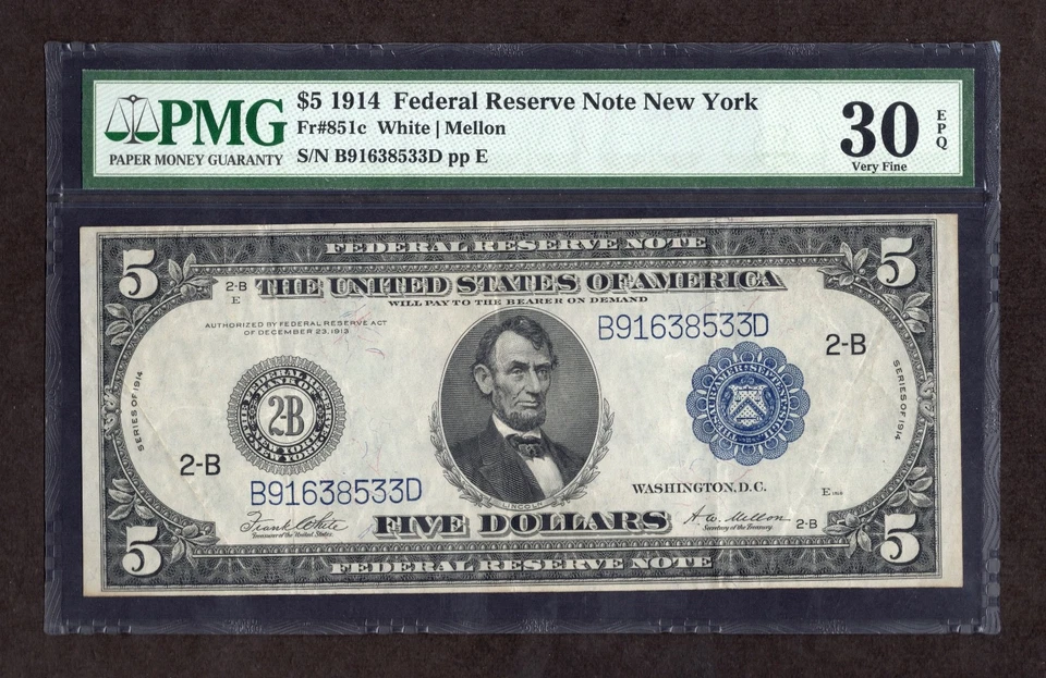 Billete de 5 dólares de la Reserva Federal de 1914 Nueva York Fr. 851c - PMG 30 EPQ Foto 1 de 2