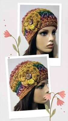 crochet womans handmade flower hat beanie rainbow stripes puffs new - Image 1 of 3