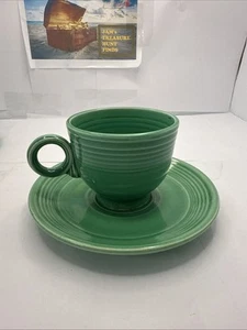 Homer Laughlin Fiesta Green Teacup Ring Handle W/Saucer Vintage 1937-51 - Imagen 1 de 7