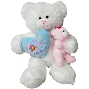 HugFun International 18" Plush White Mom Bear Stuffed w/ Baby Bear We Love Mom - Picture 1 of 10