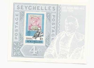 SEYCHELLEN SCOTT # 437 ÜBERDRUCKTES EXEMPLAR POSTFRISCH ROWLAND HILL SOUVENIRBOGEN - Bild 1 von 1