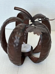 Pumpkin Shaped Tin TeaLight Candle Holder Luminary Halloween Fall Decor ~ 6” T - Picture 1 of 7