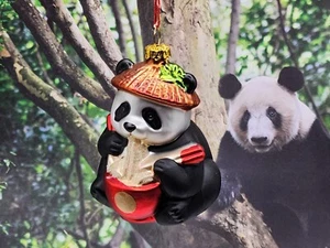 Blown Glass Panda Bear hat eating oriental ramen noodles Christmas Ornament New - Picture 1 of 5