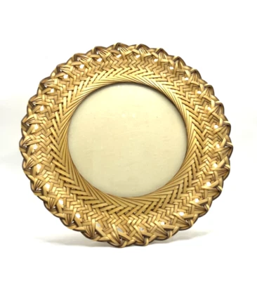 "Soporte redondo de marco de fotos de mimbre de ratán tejido marrón crema vintage 5"" diámetro interior ⭕" Foto 1 de 4