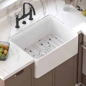 24" x 18" Ceramic Farmhouse Apron Kitchen Sink Single Bowl + Grid Strainer - Picture 1 of 5