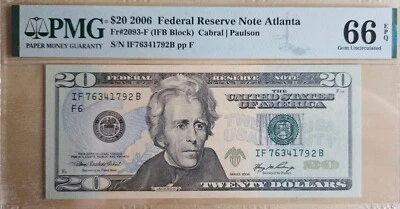 2006 $20 Bill FRN Federal Reserve Note PMG 66 Gem Uncirculated Fr 2093f EPQ - Image 1 of 4
