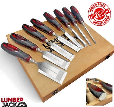 8pc Bevel Edge Wood Chisel Set Strike Caps Soft Grip Handles Wooden Storage Case - Image 1 of 4
