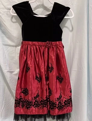 Jona Michelle Girls Red Velvety Black Floral Sleeveless Dress Size 6 Glitter - Image 1 of 4