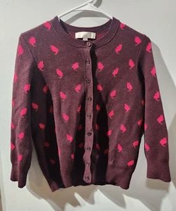 Ann Taylor Loft Womens Medium Cardigan Dark Burgundy Pink Cat Print Button Up - Picture 1 of 6