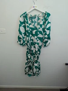Commonry Dress Womens 12 Green White Geometric Viscose Elbow Puff Sleeve V-Neck - Picture 1 of 9