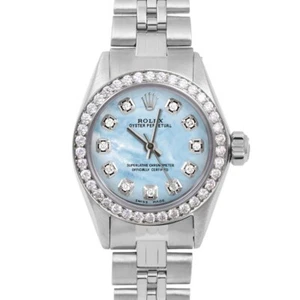 Rolex Ladies Oyster Perpetual Blue Mother Of Pearl Diamond Dial Diamond Bezel - Picture 1 of 3