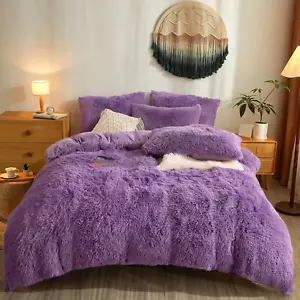 Fluffy Shaggy Faux Fur Comforter Cover Set - Ultra Soft Plush Purple Duvet Cover - Picture 1 of 12