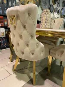 2x Sillas de Comedor de Terciopelo Visón Patas Doradas Respaldo Anillo Lujo Par de Asientos Mechonados - Imagen 1 de 10