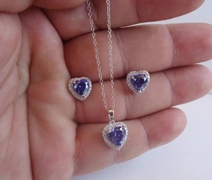 925 STERLING SILVER NECKLACE PENDANT & EARRING LAB CREATED  DIAMOND/TANZANITE - Picture 1 of 12
