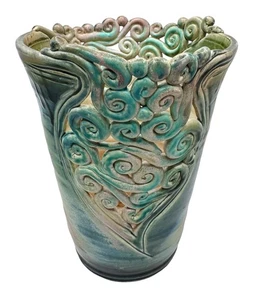 Signed Freeform Art Pottery Coil Vase Artist Swirl Blue Green Handmade Vessel 9” - Picture 1 of 11