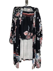 womens boutique S pajama set shorts & cardigan black multi color floral - Picture 1 of 12