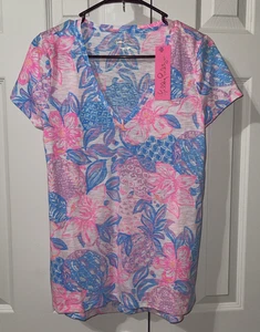 Top Lilly Pulitzer Etta scollo a V rosa isola tartaruga scattante taglia S NUOVO - Foto 1 di 5