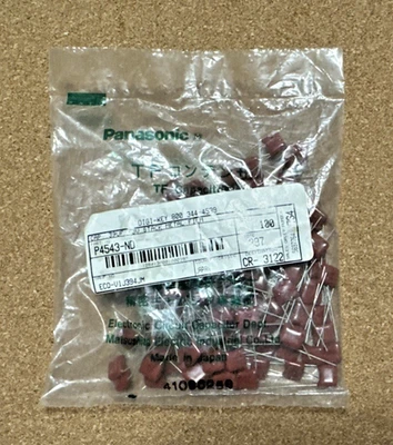 100 pcs PANASONIC 0.39uf 63V 5% POLYESTER STACKED METAL FILM RADIAL CAPACITORS - Image 1 of 3