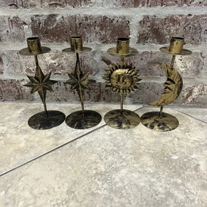 Sun/Moon And Stars Stamped Metal Candlesticks with Antiqued Gold, Set of 4 - Picture 1 of 7