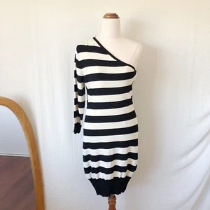CUE KNIT Dress Size M-L Cream Black Striped One Shoulder Fitted Bodycon NEW - Picture 1 of 11