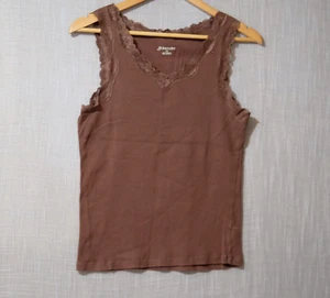 ¡Nuevo sin etiquetas! Camiseta sin mangas St. Johns Bay marrón ribete de encaje acanalado para mujer L #H62-3 - Imagen 1 de 8