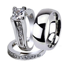 3 Pcs His & Hers Stainless Steel Wedding Engagement Matching Ring Band Set