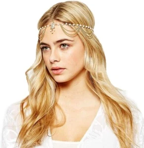 Gold Tone Indian Style Hair Pendant Circular Head Chain Headpiece. Crystal Water - Picture 1 of 11