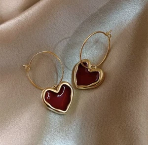 Red Heart Earrings,Gold Huggie Hoops Earrings,Dangle Earring,Simple Earrings - Picture 1 of 7