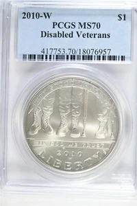 2010 W UNCIRCULATED $1.00 Silver Commemorative - Disabled Vets - PCGS MS 70 - Picture 1 of 2