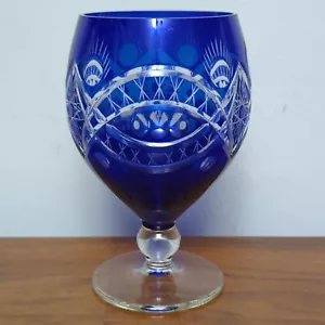Vintage Cobalt Royal Blue Cut To Clear Bohemian Glass Crystal Wine Water Goblet - Picture 1 of 13