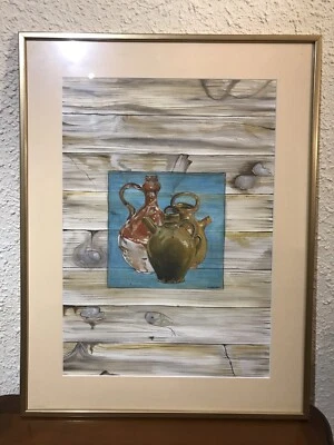 Aquarelle nature morte en trompe l’œil signée Guy Vidal 2002 . 65 X 50 cm - Photo 1/4