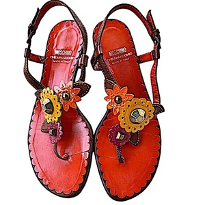 MOSCHINO Vero Cuoio Cheap & Chic Orange Leather Flower Sandals Size 5US - Picture 1 of 8
