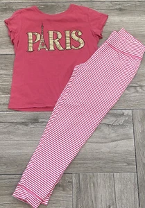 The Place 2 Piece Outfit Pink Glitter Paris Tee & Stripped Leggings Size 7/8 - Picture 1 of 4