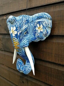 IMPRESIONANTE CABEZA DE ELEFANTE TALLADA A MANO (PINTADA A MANO/AZUL/COLGANTE DE PARED)) - Imagen 1 de 3
