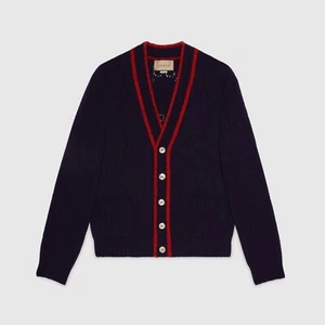 size S Gucci GG Perforated Wool Cardigan Blue Red - Picture 1 of 11