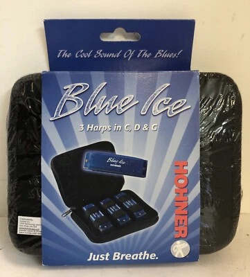 Lot of 3 Hohner Blue Ice Harmonicas Blues Pack w/h Case - Harps in C, D, & G EUC