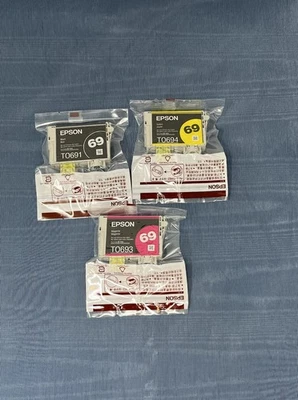 Lot of 3 EPSON INK 69 Genuine T0691 T0693 T0694 Black Yellow Magenta NEW No Box - Image 1 of 4