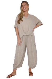 Italian Lagenlook Trousers Washed Linen Stretch Waist Pockets One Size UK 10-14 - Picture 1 of 11