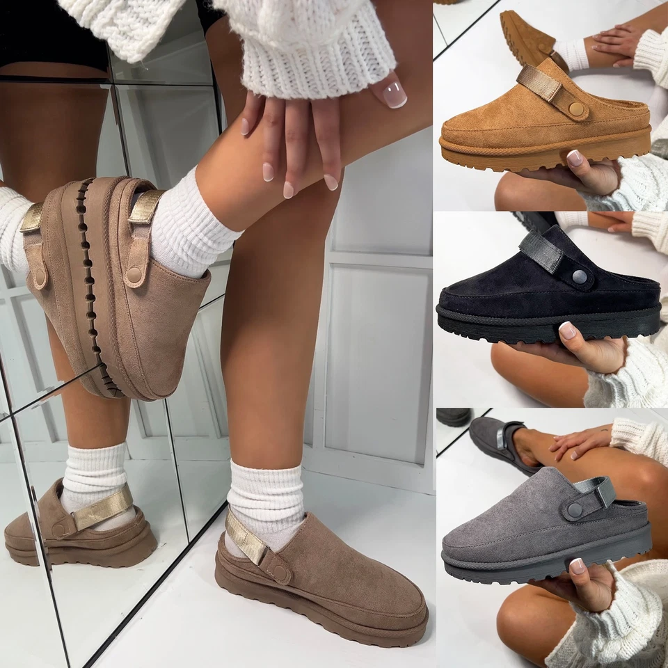 Women’s Platform Suede Clogs Fleece Lined Mule Slippers Winter Warm Slip On Shoe - Image 1 of 1