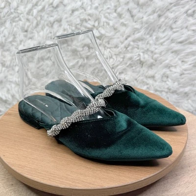 Birdies The Starling Terciopelo Blinged Punta Punta Mules Planas Verde Esmeralda 7.5 Foto 1 de 4