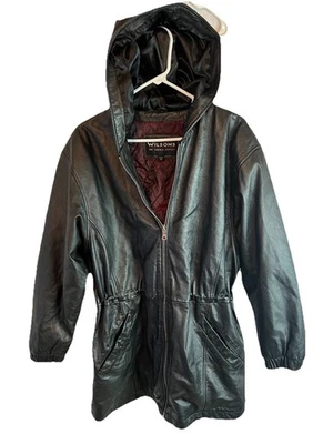 Abrigo de cuero Wilsons con capucha para mujer M negro acolchado cintura ajustable con cordón Foto 1 de 3