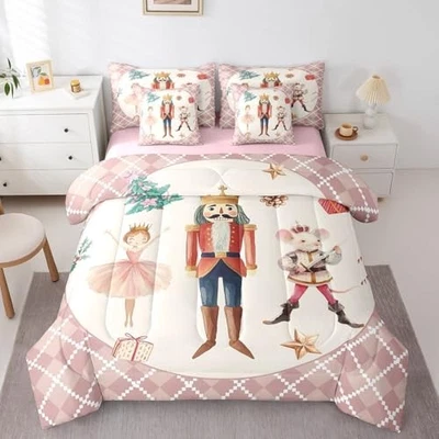  Christmas Nutcracker Comforter Set with Sheets - 7 Full Pink White Green - Image 1 of 4
