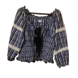 Kimchi blau Urban Outfitters kariert Boho Bauernhaus Cropped Bluse Gr. XL - Bild 1 von 7
