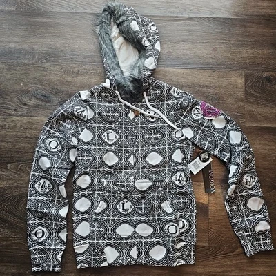 New Volcom Womens Fur Fleece Hoodie Xs Carnival Sweater Black White Stone Y2k - Image 1 of 4