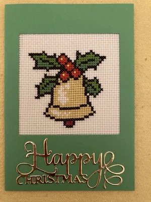 Completed Christmas Cross Stitch Card Bell & Holly. - Image 1 of 2