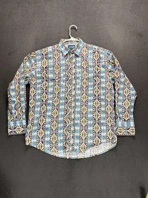 Camisa a Presión Wrangler Western Pearl Grande Azul Azteca Geométrica Manga Larga Vaquero Foto 1 de 4