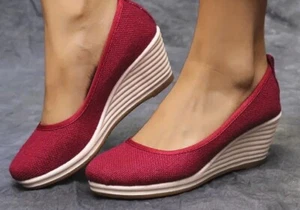 Damenschuhe Boho Stoff Keilabsatz rot Größe 8 siehe Fotos - Bild 1 von 23