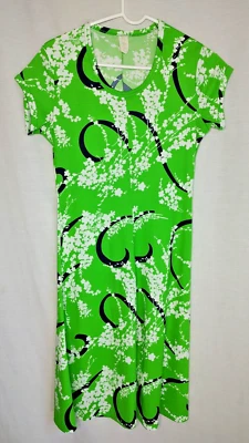 Vtg 70s A-Line Flare Dress Size 13-14-Med Green Navy Floral w/Belt Boho Hippie - Image 1 of 4