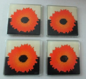Peggy Karr 4" Square Signed Coasters Orange FlowerGor Fused Art Glass Set of 4 - Picture 1 of 8